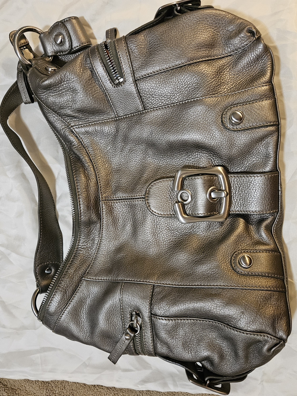b. makowsky Black Leather Shoulder Bag with Buckle Detail